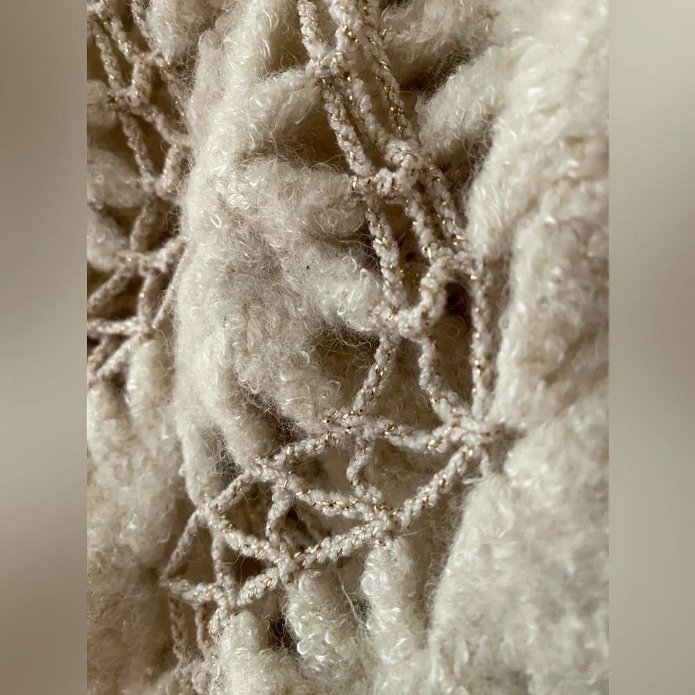 Vintage crochet Beige shawl scarf fringes Golden thread hand knitted oversized